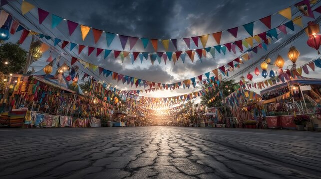 Festive colorful lantern and flag decorations at outdoor market street