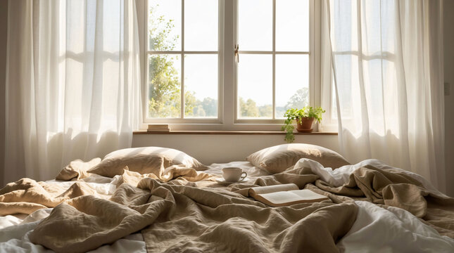 Cozy hygge bedroom bathed in warm morning light, featuring soft linen bedding and an open book by the window. Concept of hygge lifestyle,