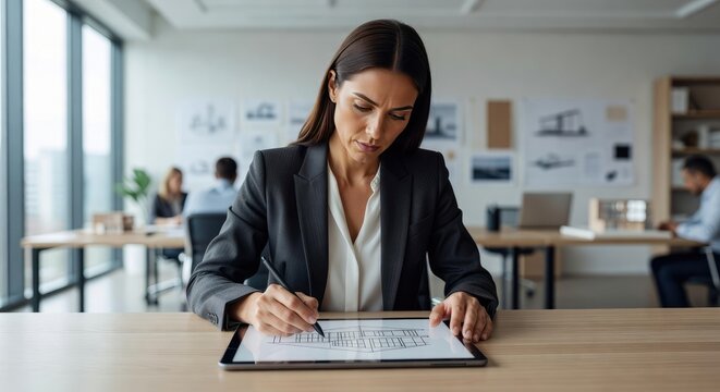 Woman architect drawing house floor plan on digital tablet in architecture office. Professional designer working on construction project. Modern technology for engineering and design.