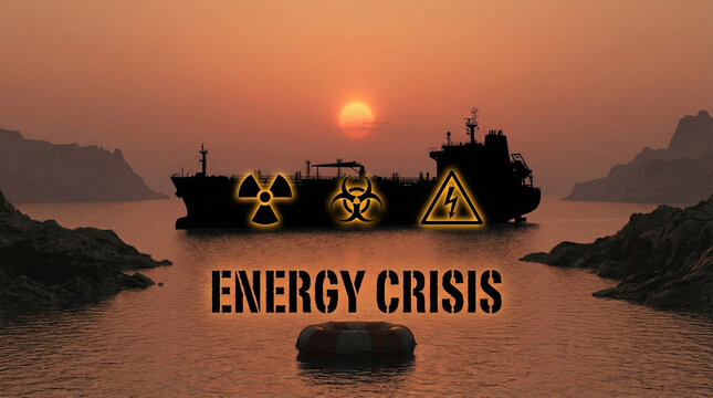 Silhouette of tanker ship on water at sunset with warning symbols representing energy crisis and environmental concerns. Concept of oil supply, tanker traffic, nuclear escalation, energy crisis