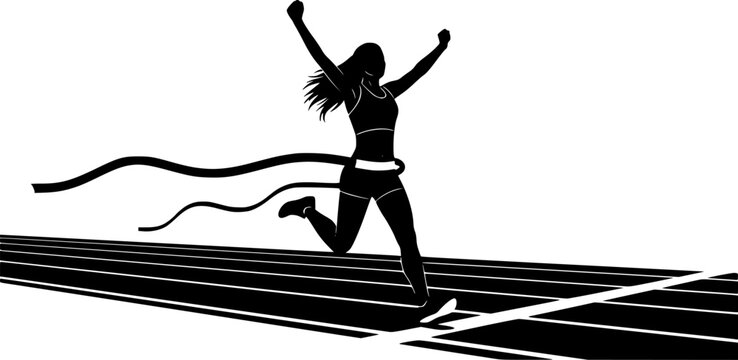 Woman runner crossing the finish line. Silhouette of athletic looking female runner running. Vector, transparent background EPS version.