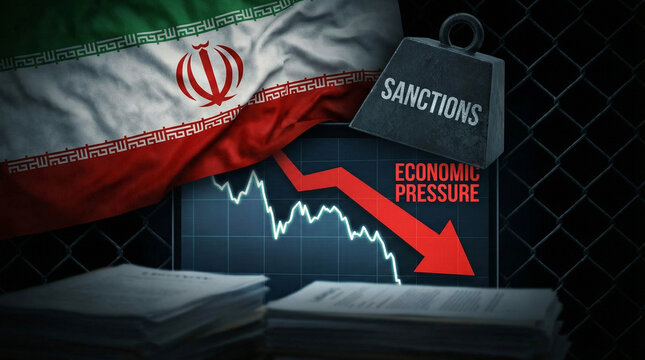 Iranian flag draped over a graph showing economic decline with a weight labeled sanctions, symbolizing financial pressure on Iran, concept of geopolitical rivalry, oil politics, economic sanctions