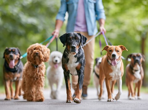 Dog walker leads group of dogs on a sunny day in a park while people enjoy outdoor activities nearby