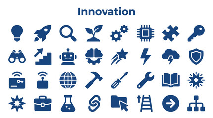 Collection of innovation and technology icons representing ideas growth creativity and business solutions on a white background © Iconique Studio