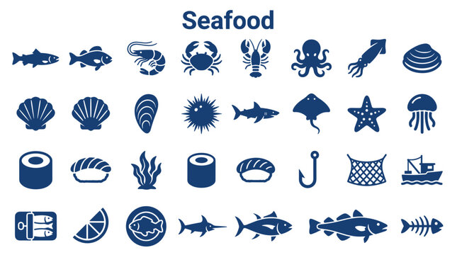 Collection of Seafood Icons Representing Various Marine Life and Culinary Delights in a Flat Design Style