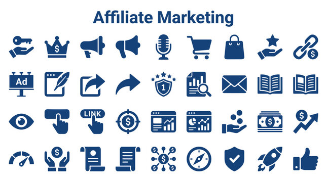 Affiliate Marketing Icons Set Representing Online Business Growth Strategy and Digital Commerce Concepts