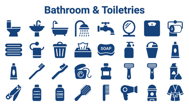 Collection of bathroom and toiletries icons representing personal hygiene and daily care items for health and cleanliness