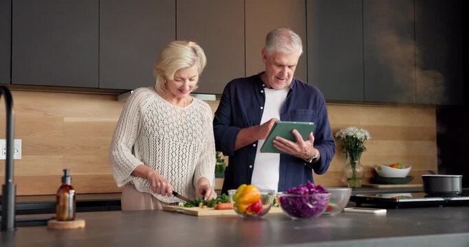 Cooking, tutorial or old couple in kitchen with tablet, food blog or connection with meal prep. Instructions, help or senior people in house with tech, online recipe or bonding in culinary hobby.