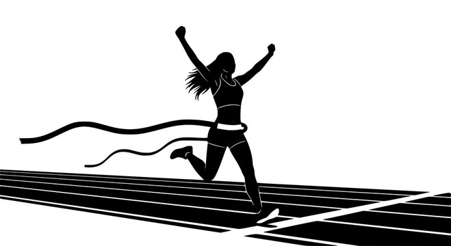 Woman runner crossing the finish line. Silhouette of athletic looking female runner running. Vector, JPEG version.