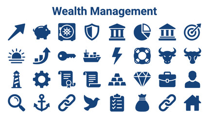 Fototapeta premium Wealth management icons representing financial growth security investment success and business strategy with diverse symbols like piggy bank safe and charts