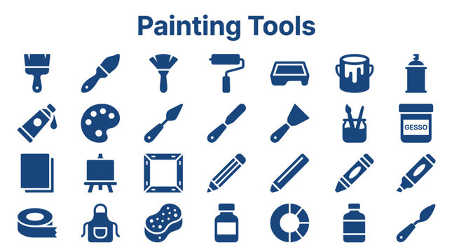 Collection of painting and art supplies icons representing creativity and artistic tools for drawing and crafting on a white background