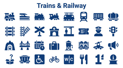 Collection of trains and railway icons symbolizing transportation industry travel and logistics concepts with various transport vehicles and related elements © Iconique Studio