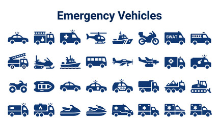 Collection of emergency vehicles icons including police cars ambulances fire trucks helicopters boats and motorcycles for safety and rescue services representation © Iconique Studio