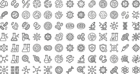 Generative AI vector illustration of bacteria and virus line icon set featuring laboratory science microbiology research and healthcare symbols