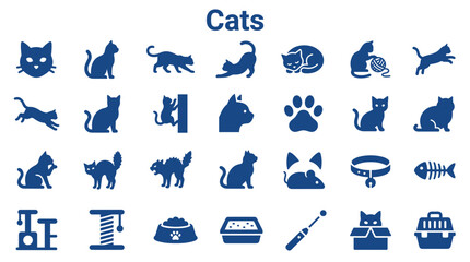 Collection of blue cat icons and symbols representing various feline activities and accessories for pet care and animal themes © Iconique Studio