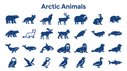 Collection of Arctic Animal Silhouettes in Blue on White Background © Iconique Studio