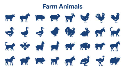 Fototapeta premium Collection of farm animal icons representing domestic livestock and poultry in silhouette on a white background agricultural concept