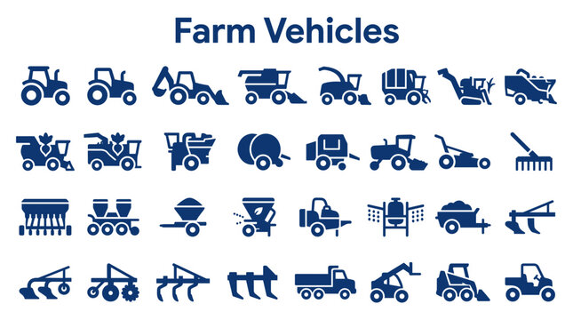 Collection of farm vehicle icons showcasing agricultural machinery and equipment used in farming operations for cultivation and harvesting