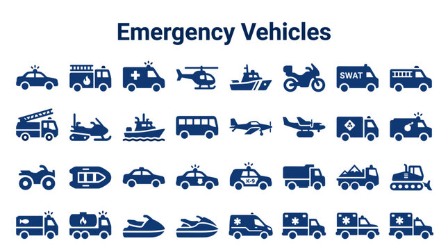Collection of emergency vehicles icons including police cars ambulances fire trucks helicopters boats and motorcycles for safety and rescue services representation
