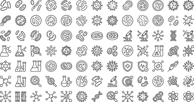 Generative AI vector illustration of bacteria and virus line icon set featuring laboratory science microbiology research and healthcare symbols