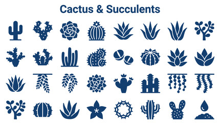 Collection of various cactus and succulent plant icons and illustrations in dark blue perfect for design projects and nature themes © Iconique Studio