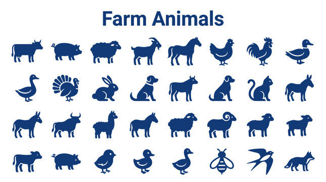 Collection of Farm Animals and Wildlife Icons in Silhouette Style for Educational and Agricultural Concepts