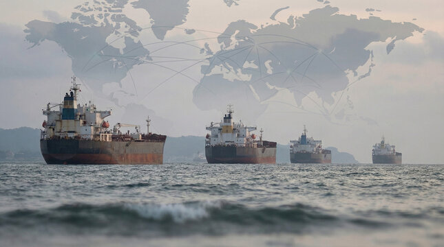 Several large cargo ships anchored in calm waters with a world map overlay in the background, representing global shipping routes. Concept of tanker traffic, oil supply, maritime trade, logistics