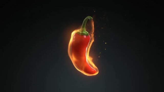 Slow motion rotating red chili pepper engulfed in fire while spinning and floating against dark isolated studio background
