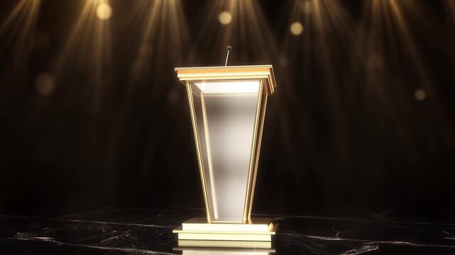 Static shot of illuminated podium on marble stage platform with microphone and golden trim under moving spotlights in dark auditorium event hall