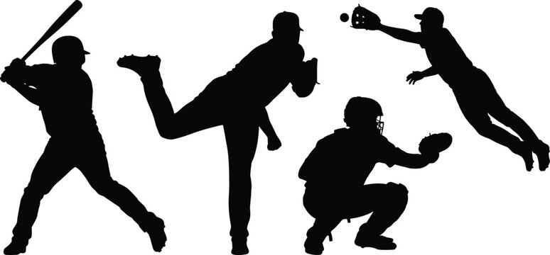 Baseball player action silhouettes vector set featuring dynamic positions of batter pitcher catcher and diving outfielder catching ball
