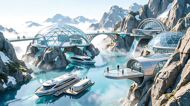 Top mountain and bridge view of icy sea landscape with city ocean glacier snow clouds and winter nature scenery
