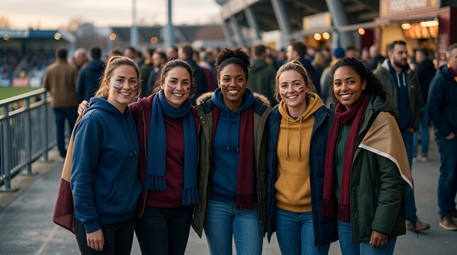 Diverse group of smiling female sports fans at stadium