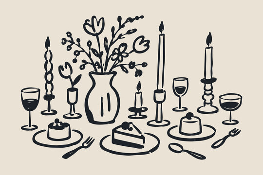 Dinner Table Decor Doodle Sketch Vector Illustration