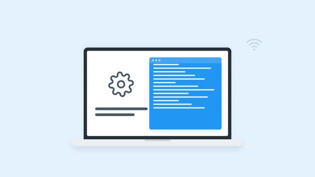 Flat design animation of a laptop with coding screen and gear icon, software development and technology concept