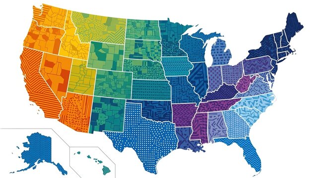 Colorful United States Map Illustration with State Outlines and Vibrant Gradient Shading