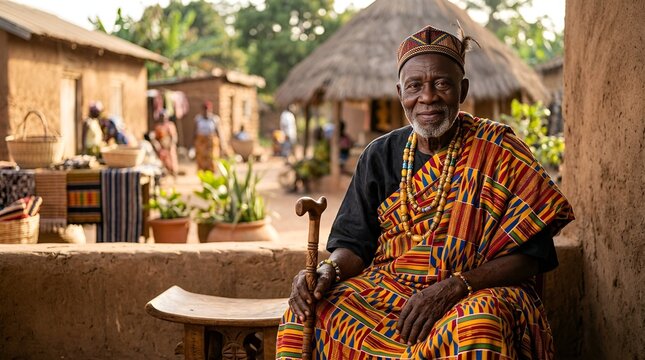 Elderly African man in traditional Kente cloth and hat with walking stick