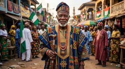 Obraz premium Elderly Nigerian Man in Traditional Regalia with Walking Stick, Vibrant Street Scene