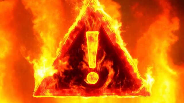 Fiery warning symbol amidst intense flames in motion