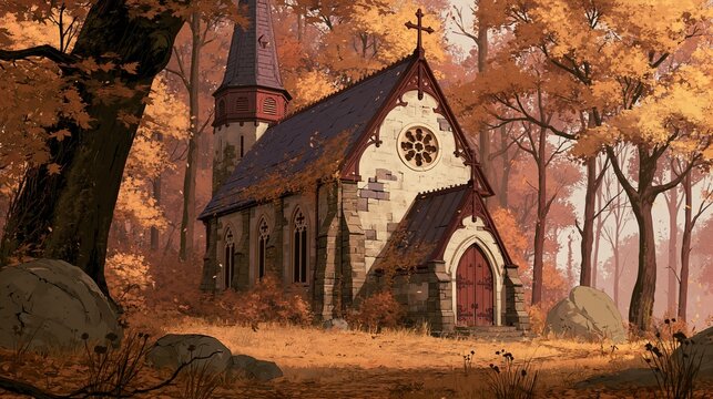 A woodland chapel nestled among autumn trees as golden leaves fall around it in warm seasonal tones, evoking solitude and spiritual harmony with nature