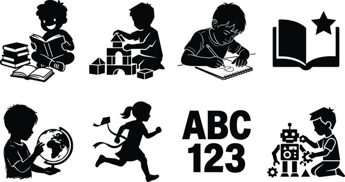 Children education and learning silhouette icon set featuring kids reading books building blocks drawing and studying alphabet