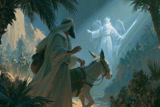 Balaam's donkey turns its head to speak to him as a glowing invisible angel with a drawn sword blocks the path, a supernatural photorealistic biblical confrontation