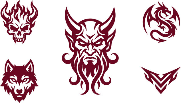 Aggressive gaming mascot vector emblem set featuring bearded devil skull on fire wolf head dragon and geometric wings