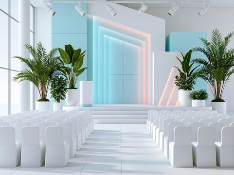 Modern venue with seating and stage set for an event in bright colors