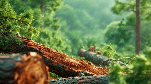 Severe Windstorm Aftermath in Forest with Fallen Trees and Rain