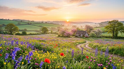 Obraz premium Sunrise over wildflower meadow with blooming lavender and red poppies in rural countryside landscape