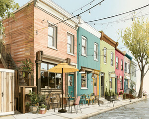 Fototapeta premium Colorful row houses line a quiet street