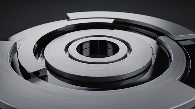 Abstract metallic concentric circles and segmented rings with brushed metal texture and sharp edges, arranged in a layered circular pattern with reflections and shadows, suggesting a mechanical or