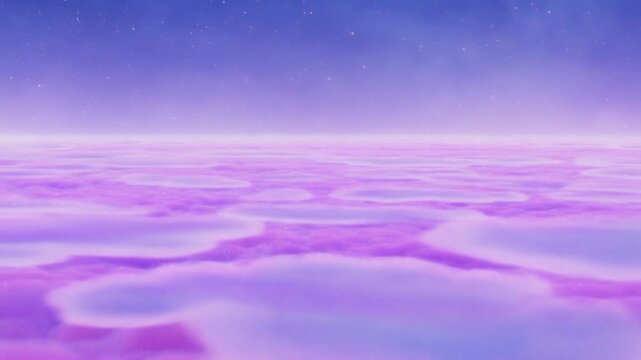 Aerial tracking glide of pastel purple cloud expanse gliding forward across distant horizon above twilight sea level with soft starry sky