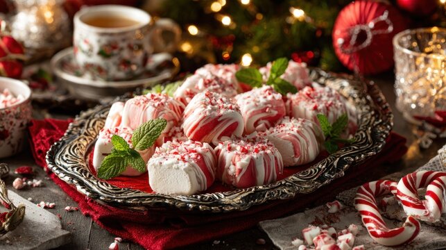 Confectionery treats decorated with crushed candy pieces rest on an ornate silver platter surrounded by festive decorations