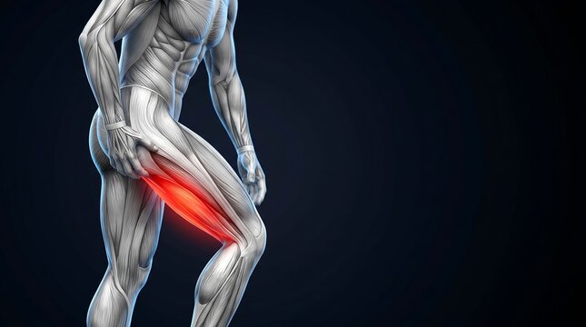 A 3D anatomical rendering of a human leg with a red highlight indicating pain or injury in the hamstring muscle, for human muscular system education.